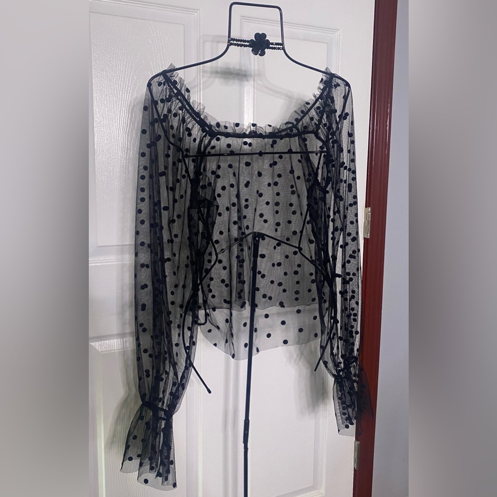 SHEIN ♥️ ROMANTIC ♥️ Black Sheer Polka Dot Blouse Size 8/10